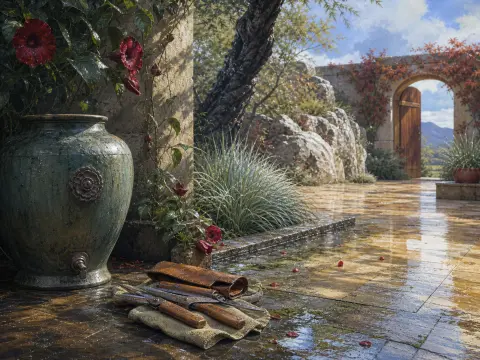 A sunlit stone garden terrace with a large green urn, gardening shears on a cloth, and an open wooden archway.