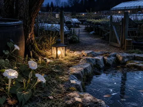 A glowing lantern sits beside a frozen stone pond with blooming white flowers in a chilly twilight garden nursery.
