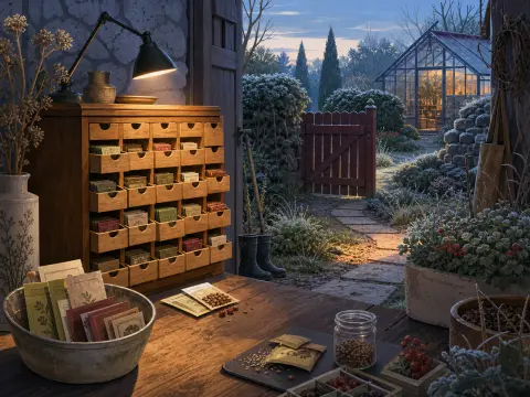 Seed packets and a wooden drawer cabinet sit on a shed table overlooking a frosty garden with a glass greenhouse.
