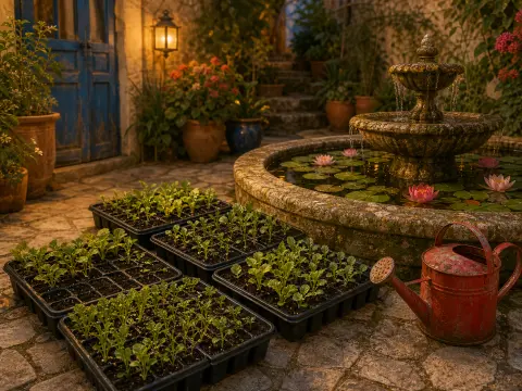 Seedling trays and a vintage red watering can rest on cobblestones beside a tiered courtyard water fountain.