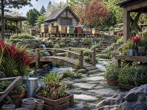 Wooden footbridge spanning a garden stream beneath terraced stone walls, beehives, and a cottage.