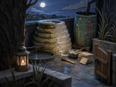 A tiered stone well and glowing candle lantern on a rooftop terrace under a full moon.