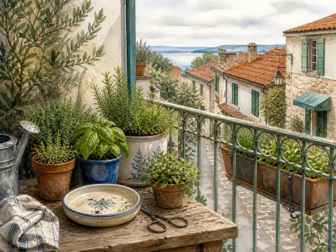 Potted green herbs and garden scissors on a balcony table overlooking a quaint hillside village and calm water.