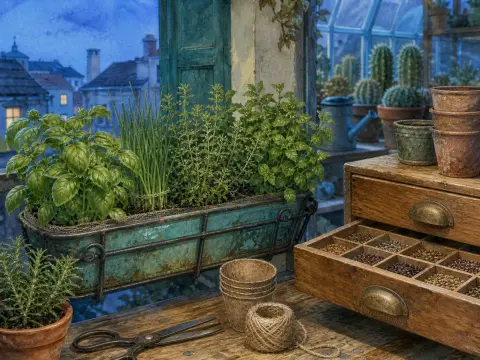 Fresh herbs grow in a window planter next to an open drawer of seeds, twine, and scissors on a wooden workbench.