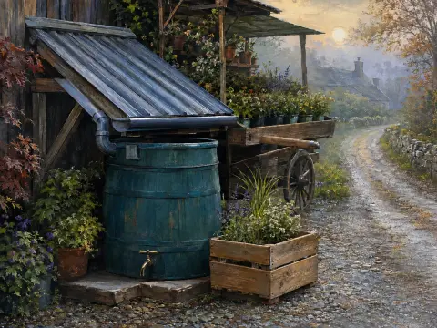 A teal rain barrel and a wooden cart filled with flowers sit alongside a winding gravel country lane at dawn.