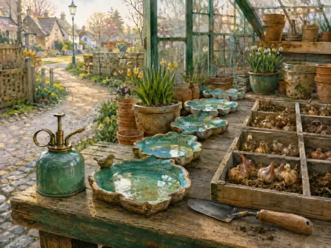 Ceramic water dishes, flower bulbs, and a mister sit on a potting bench overlooking an English village street.