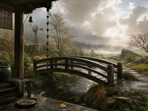 An arched wooden bridge crosses a koi stream next to a rustic porch under a misty, sunlit sky.