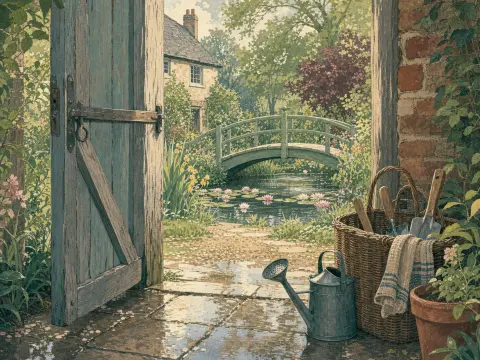 An open wooden door looking out toward an arched garden bridge over a lily pond, with gardening tools on the wet patio.