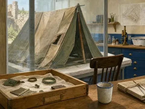 Ancient bronze relics in a wooden tray on an archaeologist desk near a canvas tent display and brass microscope.