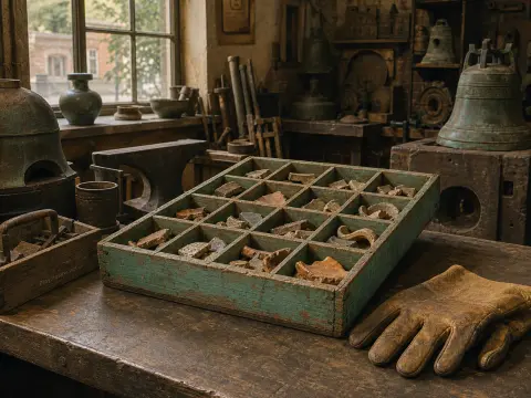 A weathered green wooden sorting tray filled with ceramic shards sits beside a leather glove on a workshop table.