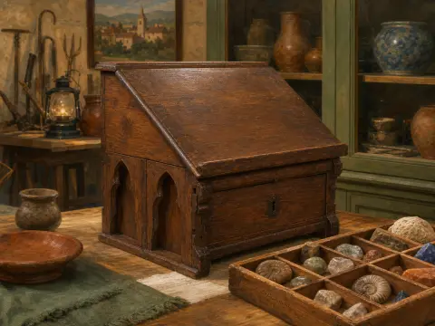 A carved antique wooden writing desk beside a wooden tray of fossils and mineral stones in a workshop.