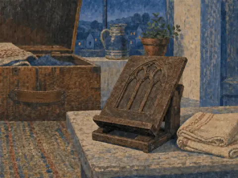 A carved wooden Gothic bookstand sits on a table near an open trunk, folded textiles, and a nighttime window view.