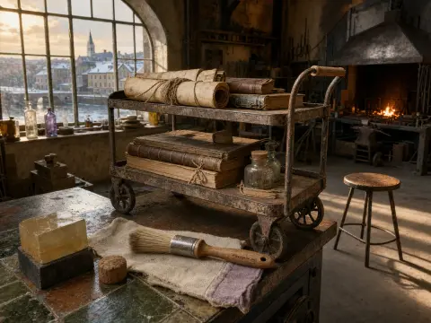 Rolled parchment and antique books rest on a metal trolley in a workshop overlooking a snowy riverside town.