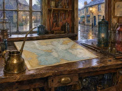 A nautical map and vintage tools sit on a wooden workbench overlooking a rainy cobblestone village street through windows.