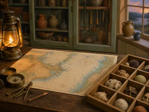 A nautical chart on a wooden table with a brass lantern, compass, and wooden tray of seashells.