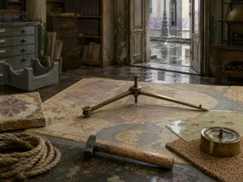 Brass drafting compass and surveying tools laid out on an old map next to open doors facing a wet courtyard.