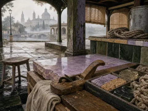 A rainy riverside workshop with stone carving tools and a polished purple slab facing a misty cathedral.