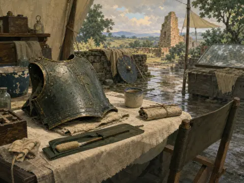 A weathered metal breastplate and conservation tools rest on a worktable inside an open tent overlooking stone ruins.
