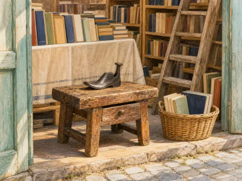 An iron shoemaker's last on a wooden bench outside a cozy bookshop filled with shelves of old books.