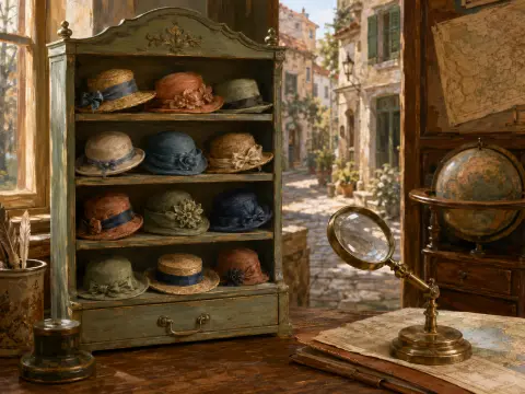 A green wooden cabinet displaying miniature decorative hats sits on a desk beside a brass magnifying glass and maps.