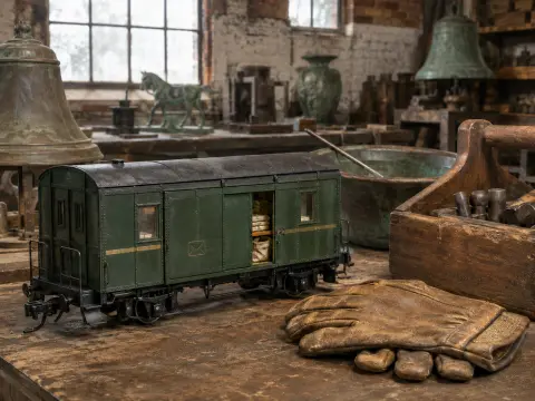 A green miniature postal railcar sits on a wooden workbench next to worn leather gloves in an antique workshop.