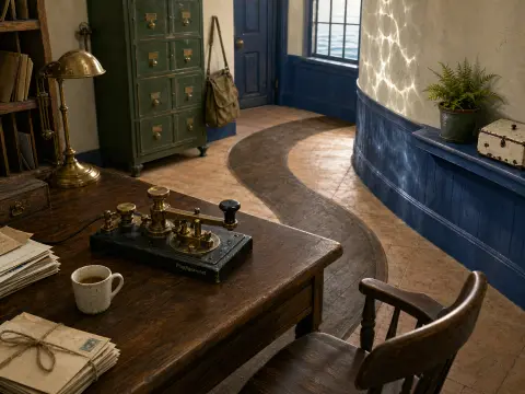 Vintage telegraph key and tied letters on a wooden desk inside an office with sea reflections dancing across the wall.