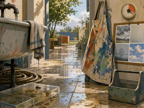 A paint-splattered apron hangs beside a dripping washbasin overlooking a sunlit, wet courtyard patio.