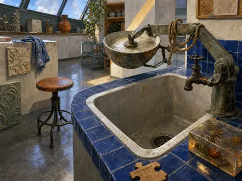 Art studio washbasin trimmed in blue tiles with an articulated faucet arm, stool, and skylight window.