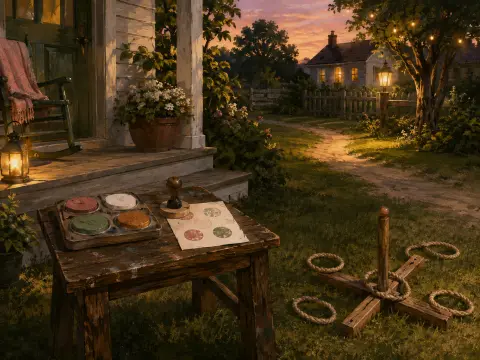A stamping craft table and wooden ring toss game outside a glowing cottage porch at sunset.
