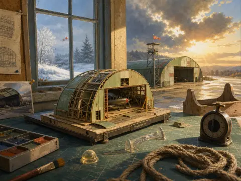 A scale model of an airplane hangar on a workbench overlooking a snowy airfield and full-sized hangar at sunset.