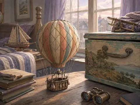 A detailed model of a hot air balloon on a wooden desk near brass binoculars and a painted chest with a toy airplane.