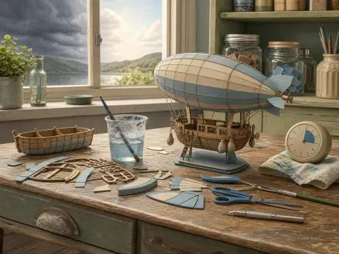A detailed model airship sits on a wooden workbench surrounded by craft tools, pieces, and a rainy window view.