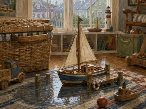 Wooden model sailboat docked at a miniature pier in a puddle on a playroom floor by a rainy window.