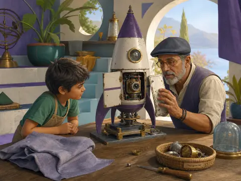 An elderly craftsman shows a young boy the internal gears of a purple and white model rocket on a workbench.