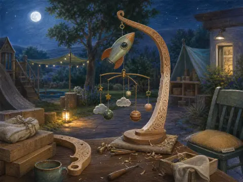 A handcrafted wooden rocket mobile stands on a workshop table in a garden under a full moon.