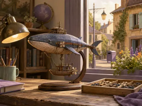 A handcrafted wooden whale airship model rests on a rustic desk next to a sunny window overlooking a stone village.