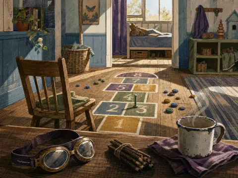 Sunlit wooden room featuring a hopscotch game painted on the floorboards beside a chair and steaming mug.