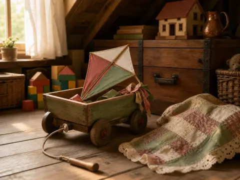 A small wooden toy wagon carrying a fabric kite on wooden floorboards beside a patchwork blanket.