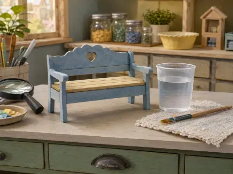 A miniature light blue bench with a carved heart cutout rests on a workbench beside a paintbrush and cup of water.