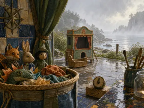 A basket of character puppets and a miniature wooden puppet theater on a tiled terrace overlooking a misty lake.