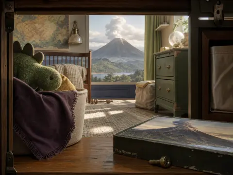 A child's bedroom viewed through wooden shelves, showing a stuffed dinosaur and a window overlooking a smoking volcano.