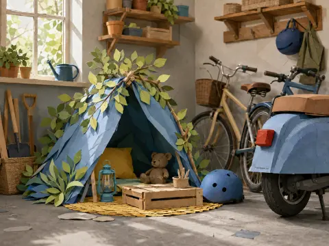Handmade blue paper tent decorated with leaves in a garage alongside bicycles and a paper scooter.