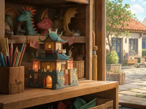 A glowing miniature pagoda fortress sits on a wooden desk near colorful pencils and dragon toys.