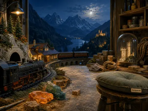 A detailed model train runs through a cozy workshop looking out at moonlit mountains, a lake, and a distant castle.