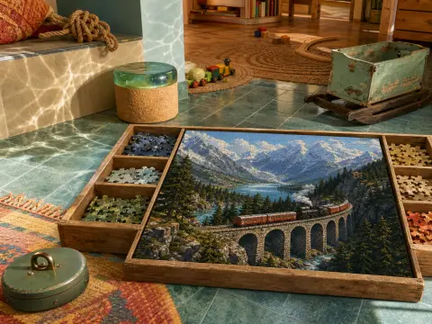 A wooden puzzle board on a tiled floor showing a steam train crossing a stone mountain viaduct.