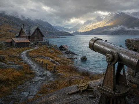 A rainy viewpoint with a metal telescope overlooking a stone path, rustic chalet, and misty mountain lake.