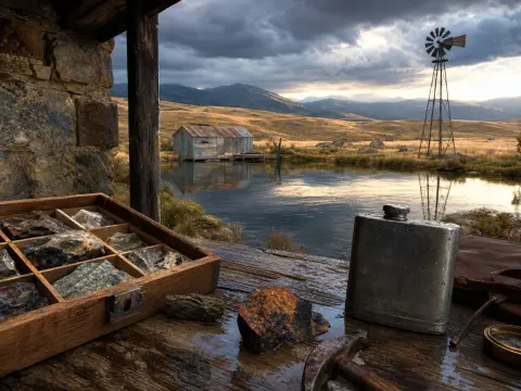 A wooden tray of mineral samples and a metal flask on a wet porch table overlooking a lake, boathouse, and windmill.