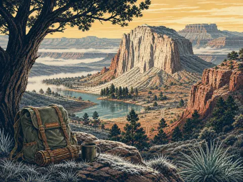 A vintage hiker backpack and mug rest on a cliff overlooking a winding desert river and towering sandstone butte.