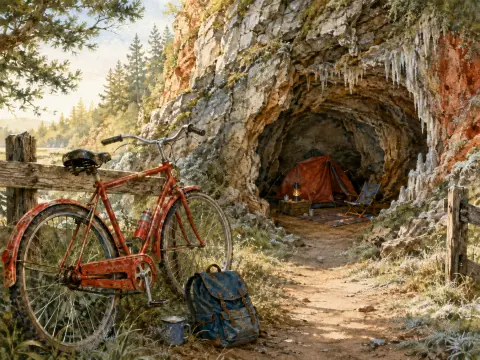 A red bicycle and blue backpack parked on a dirt path outside a rocky cave sheltering a small tent and lantern.