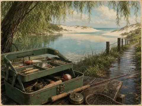 Open green fishing tackle box and rod resting on a wooden dock beside a calm inlet framed by white sand dunes.
